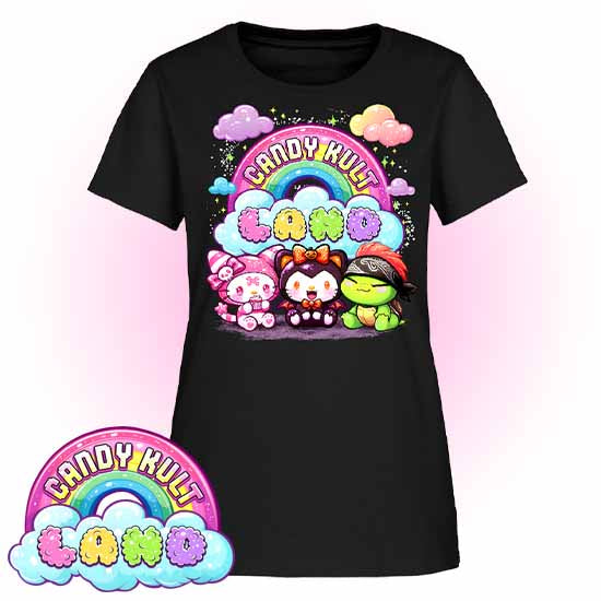 Candy Kult Land Wishbone, Boo & Panku - Women's FITTED T-Shirt - Candy Kult - Candy Cult - Candy Kult Land - Wishbone - Boo Kitty - Panku - Frosti - Toxic Kitten - Hex-Heart - Cult Candy - Cake High Heels - [product_vendor}
