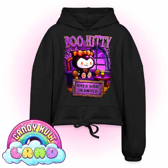 Home Is Where The Haunt Is Boo Kitty - Candy Kult Land Women’s Cropped Hoodie