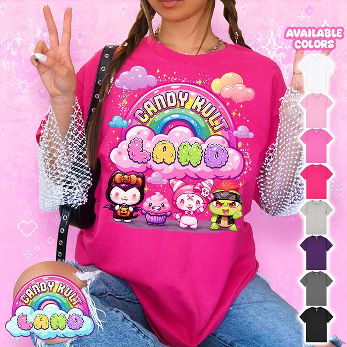 Candy Kult Land Pink Character Logo Graphic Tee Candy Kult HELICONIA S Boo Kitty candy kult land ck land Candy Cult - Candy Kult Land - Wishbone - Boo Kitty - Panku - Frosti - Toxic Kitten - Hex - Heart - Cult Candy - Ca