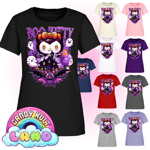 Boo Kitty Origins - Candy Kult Land Women's FITTED T-Shirt - Candy Kult - Candy Cult - Candy Kult Land - Wishbone - Boo Kitty - Panku - Frosti - Toxic Kitten - Hex-Heart - Cult Candy - Cake High Heels - [product_vendor}