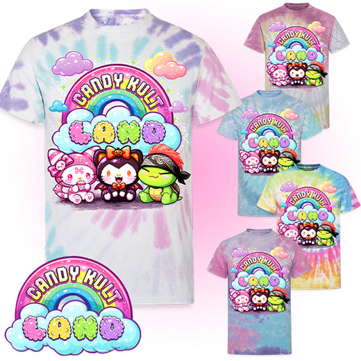 Candy Kult Land Wishbone, Boo & Panku Unisex Tie Dye T-Shirt - Candy Kult - Candy Cult - Candy Kult Land - Wishbone - Boo Kitty - Panku - Frosti - Toxic Kitten - Hex-Heart - Cult Candy - Cake High Heels - [product_vendor}