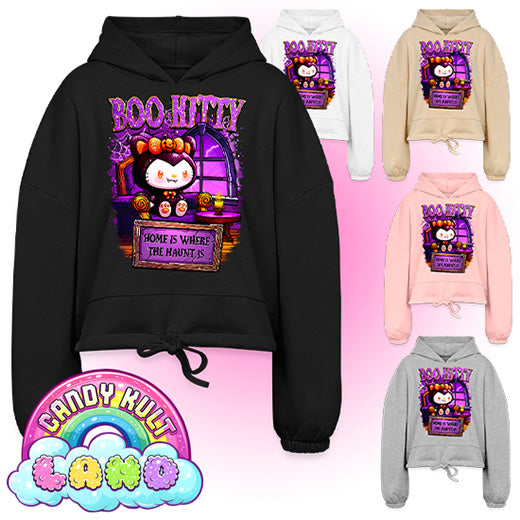 Home Is Where The Haunt Is Boo Kitty - Candy Kult Land Women’s Cropped Hoodie
