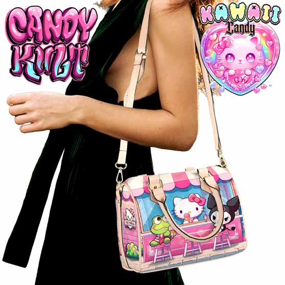 Kitty Ice Cream Shop Kawaii Candy Beige Boston Crossbody Handbag - Candy Kult - Candy Cult - Cult Candy - Cake High Heels - [product_vendor}