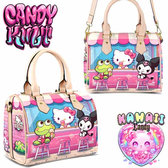 Kitty Ice Cream Shop Kawaii Candy Beige Boston Crossbody Handbag - Candy Kult - Candy Cult - Cult Candy - Cake High Heels - [product_vendor}