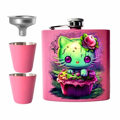Zombie Kitty Fright Candy Pink Candy Kult Hip Flask Set - Candy Kult - Candy Cult - Cult Candy - Cake High Heels - [product_vendor}