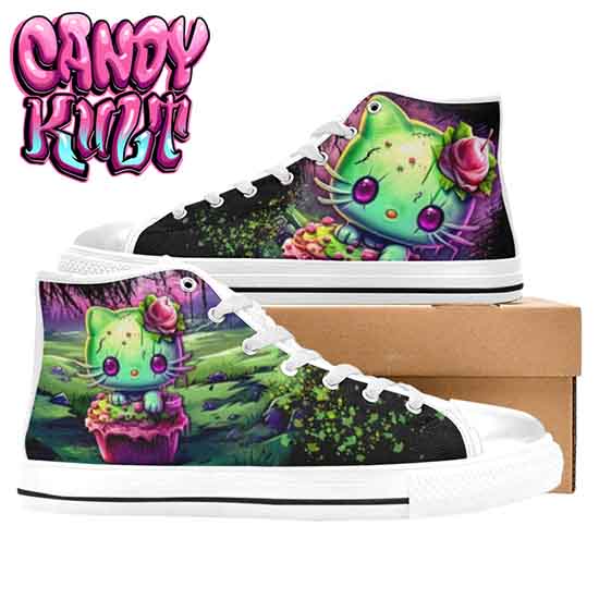 Zombie Kitty Fright Candy White Men’s High Top Canvas Shoes - Candy Kult - Candy Cult - Candy Kult Land - Wishbone - Boo Kitty - Panku - Frosti - Toxic Kitten - Hex-Heart - Cult Candy - Cake High Heels - [product_vendor}