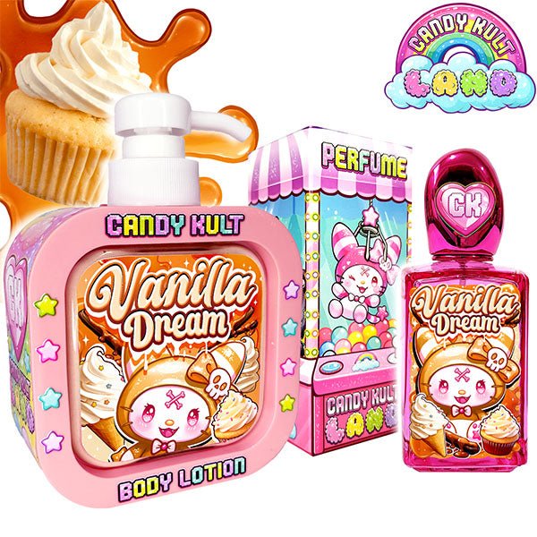 Vanilla Dream Candy Kult Land Perfume & Body Lotion Pack Candy Kult Vanilla Wishbone Candy Cult - Candy Kult Land - Wishbone - Boo Kitty - Panku - Frosti - Toxic Kitten - Hex - Heart - Cult Candy - Ca