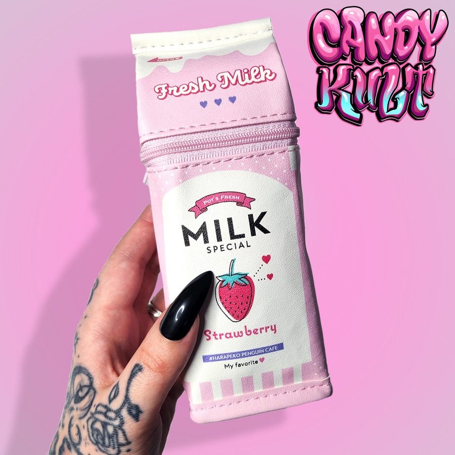 Penguin Café Strawberry Milk Carton Cosmetics Pouch Candy Kult Strawberry Candy Cult - Candy Kult Land - Wishbone - Boo Kitty - Panku - Frosti - Toxic Kitten - Hex - Heart - Cult Candy - Ca