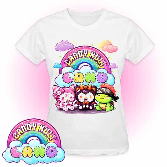 Wishbone Boo & Panku -Candy Kult Land Logo REGULAR FIT Ladies T-Shirt - Candy Kult - Candy Cult - Candy Kult Land - Wishbone - Boo Kitty - Panku - Frosti - Toxic Kitten - Hex-Heart - Cult Candy - Cake High Heels - [product_vendor}