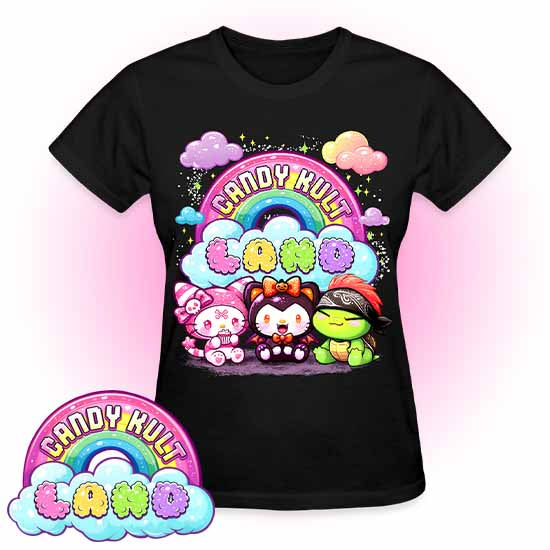 Wishbone Boo & Panku -Candy Kult Land Logo REGULAR FIT Ladies T-Shirt - Candy Kult - Candy Cult - Candy Kult Land - Wishbone - Boo Kitty - Panku - Frosti - Toxic Kitten - Hex-Heart - Cult Candy - Cake High Heels - [product_vendor}