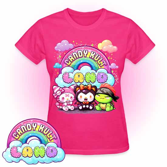 Wishbone Boo & Panku -Candy Kult Land Logo REGULAR FIT Ladies T-Shirt - Candy Kult - Candy Cult - Candy Kult Land - Wishbone - Boo Kitty - Panku - Frosti - Toxic Kitten - Hex-Heart - Cult Candy - Cake High Heels - [product_vendor}