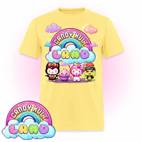 Wishbone, Frosti Boo & Panku - Candy Kult Land COLOUR Men's / Unisex Classic T-Shirt - Candy Kult - Candy Cult - Candy Kult Land - Wishbone - Boo Kitty - Panku - Frosti - Toxic Kitten - Hex-Heart - Cult Candy - Cake High Heels - [product_vendor}
