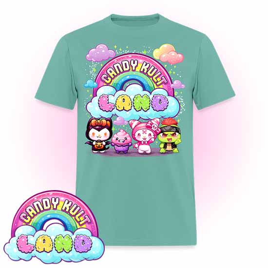 Wishbone, Frosti Boo & Panku - Candy Kult Land COLOUR Men's / Unisex Classic T-Shirt - Candy Kult - Candy Cult - Candy Kult Land - Wishbone - Boo Kitty - Panku - Frosti - Toxic Kitten - Hex-Heart - Cult Candy - Cake High Heels - [product_vendor}
