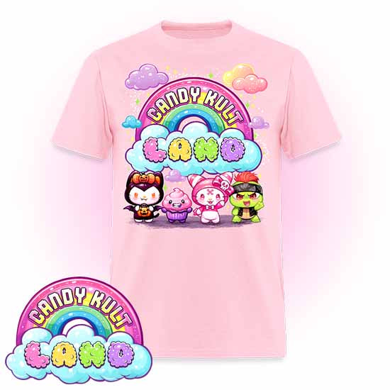 Wishbone, Frosti Boo & Panku - Candy Kult Land COLOUR Men's / Unisex Classic T-Shirt - Candy Kult - Candy Cult - Candy Kult Land - Wishbone - Boo Kitty - Panku - Frosti - Toxic Kitten - Hex-Heart - Cult Candy - Cake High Heels - [product_vendor}