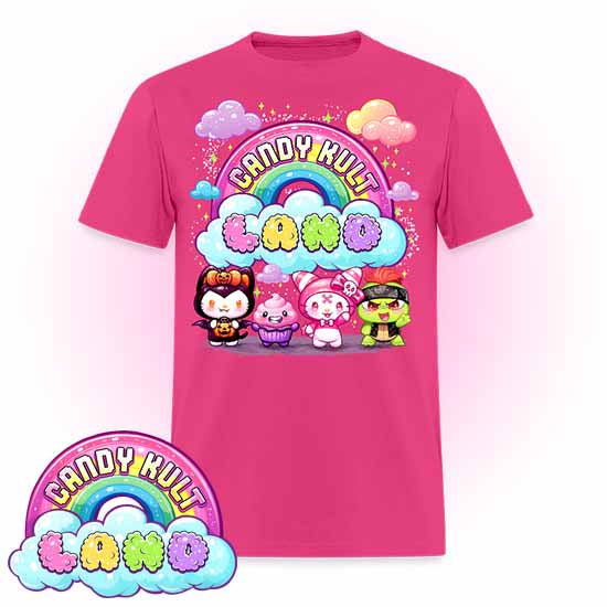 Wishbone, Frosti Boo & Panku - Candy Kult Land COLOUR Men's / Unisex Classic T-Shirt - Candy Kult - Candy Cult - Candy Kult Land - Wishbone - Boo Kitty - Panku - Frosti - Toxic Kitten - Hex-Heart - Cult Candy - Cake High Heels - [product_vendor}