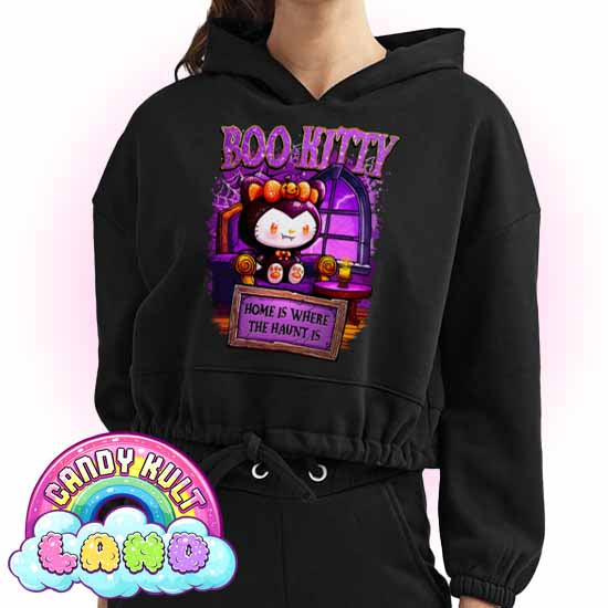 Home Is Where The Haunt Is Boo Kitty - Candy Kult Land Women’s Cropped Hoodie