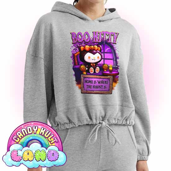 Home Is Where The Haunt Is Boo Kitty - Candy Kult Land Women’s Cropped Hoodie