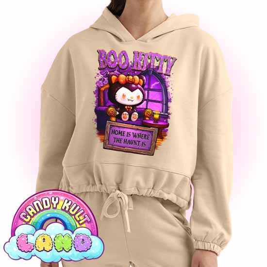 Home Is Where The Haunt Is Boo Kitty - Candy Kult Land Women’s Cropped Hoodie