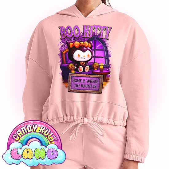 Home Is Where The Haunt Is Boo Kitty - Candy Kult Land Women’s Cropped Hoodie