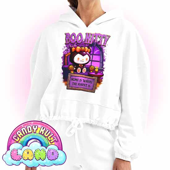 Home Is Where The Haunt Is Boo Kitty - Candy Kult Land Women’s Cropped Hoodie