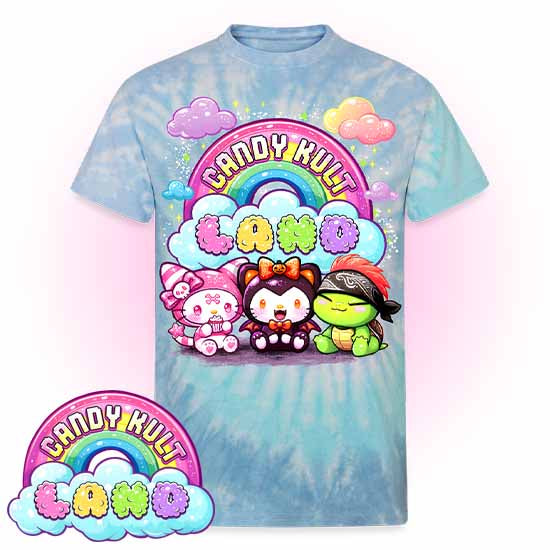 Candy Kult Land Wishbone, Boo & Panku Unisex Tie Dye T-Shirt - Candy Kult - Candy Cult - Candy Kult Land - Wishbone - Boo Kitty - Panku - Frosti - Toxic Kitten - Hex-Heart - Cult Candy - Cake High Heels - [product_vendor}