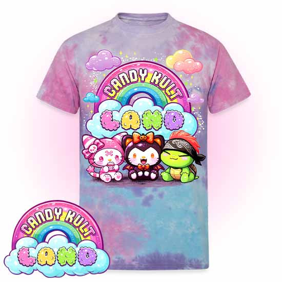 Candy Kult Land Wishbone, Boo & Panku Unisex Tie Dye T-Shirt - Candy Kult - Candy Cult - Candy Kult Land - Wishbone - Boo Kitty - Panku - Frosti - Toxic Kitten - Hex-Heart - Cult Candy - Cake High Heels - [product_vendor}