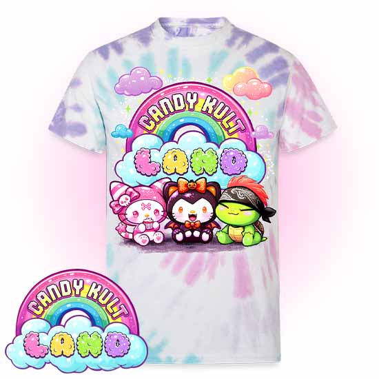 Candy Kult Land Wishbone, Boo & Panku Unisex Tie Dye T-Shirt - Candy Kult - Candy Cult - Candy Kult Land - Wishbone - Boo Kitty - Panku - Frosti - Toxic Kitten - Hex-Heart - Cult Candy - Cake High Heels - [product_vendor}