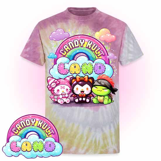 Candy Kult Land Wishbone, Boo & Panku Unisex Tie Dye T-Shirt - Candy Kult - Candy Cult - Candy Kult Land - Wishbone - Boo Kitty - Panku - Frosti - Toxic Kitten - Hex-Heart - Cult Candy - Cake High Heels - [product_vendor}