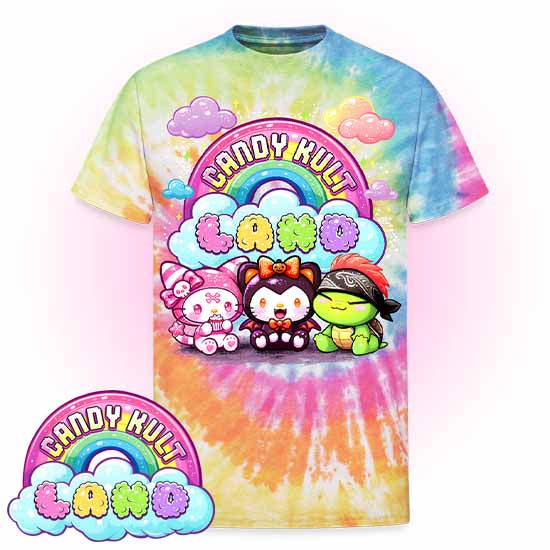 Candy Kult Land Wishbone, Boo & Panku Unisex Tie Dye T-Shirt - Candy Kult - Candy Cult - Candy Kult Land - Wishbone - Boo Kitty - Panku - Frosti - Toxic Kitten - Hex-Heart - Cult Candy - Cake High Heels - [product_vendor}