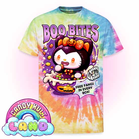 Boo Bites Cereal - Candy Kult Land Unisex Tie Dye T-Shirt - Candy Kult - Candy Cult - Candy Kult Land - Wishbone - Boo Kitty - Panku - Frosti - Toxic Kitten - Hex-Heart - Cult Candy - Cake High Heels - [product_vendor}