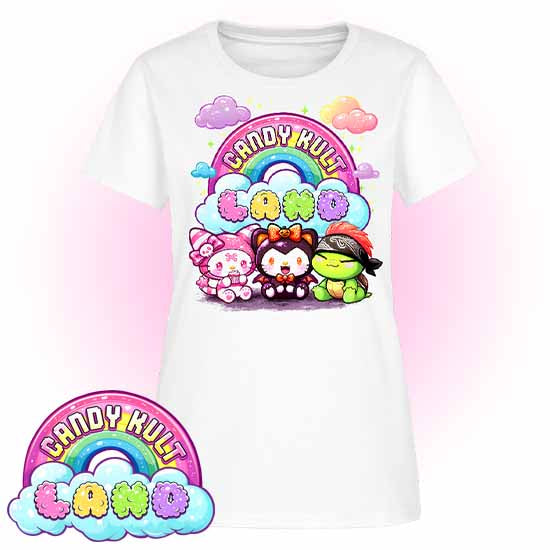 Candy Kult Land Wishbone, Boo & Panku - Women's FITTED T-Shirt - Candy Kult - Candy Cult - Candy Kult Land - Wishbone - Boo Kitty - Panku - Frosti - Toxic Kitten - Hex-Heart - Cult Candy - Cake High Heels - [product_vendor}
