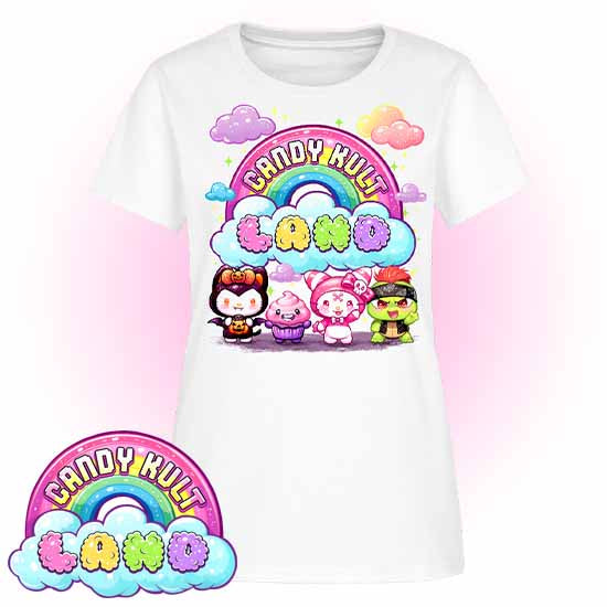 Wishbone, Frosti Boo & Panku - Candy Kult Land Women's FITTED T-Shirt - Candy Kult - Candy Cult - Candy Kult Land - Wishbone - Boo Kitty - Panku - Frosti - Toxic Kitten - Hex-Heart - Cult Candy - Cake High Heels - [product_vendor}