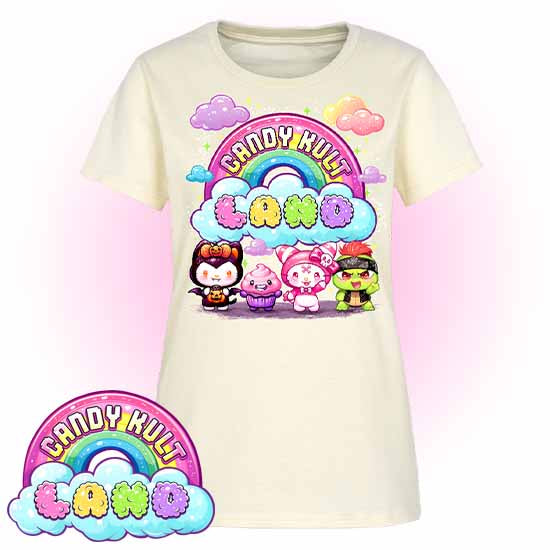 Wishbone, Frosti Boo & Panku - Candy Kult Land Women's FITTED T-Shirt - Candy Kult - Candy Cult - Candy Kult Land - Wishbone - Boo Kitty - Panku - Frosti - Toxic Kitten - Hex-Heart - Cult Candy - Cake High Heels - [product_vendor}