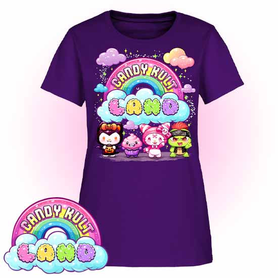Wishbone, Frosti Boo & Panku - Candy Kult Land Women's FITTED T-Shirt - Candy Kult - Candy Cult - Candy Kult Land - Wishbone - Boo Kitty - Panku - Frosti - Toxic Kitten - Hex-Heart - Cult Candy - Cake High Heels - [product_vendor}