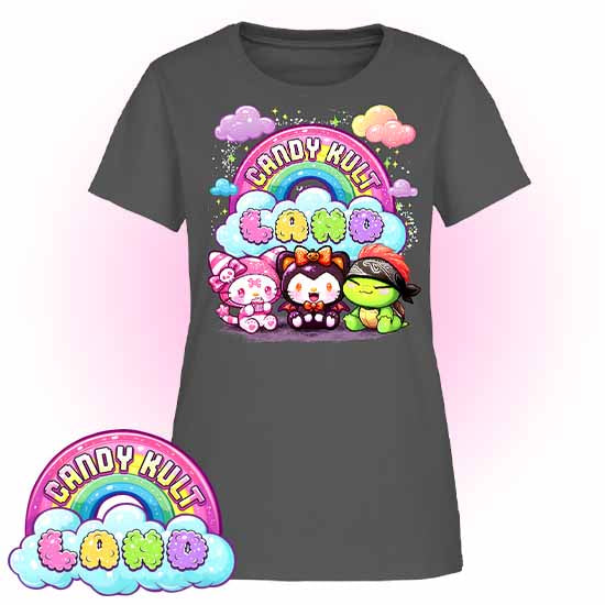 Candy Kult Land Wishbone, Boo & Panku - Women's FITTED T-Shirt - Candy Kult - Candy Cult - Candy Kult Land - Wishbone - Boo Kitty - Panku - Frosti - Toxic Kitten - Hex-Heart - Cult Candy - Cake High Heels - [product_vendor}