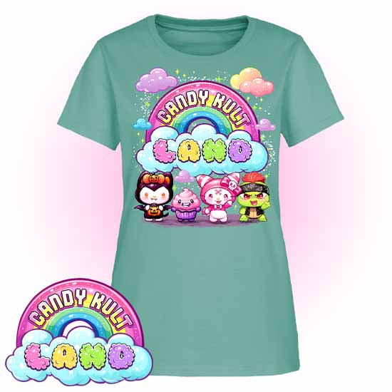 Wishbone, Frosti Boo & Panku - Candy Kult Land Women's FITTED T-Shirt - Candy Kult - Candy Cult - Candy Kult Land - Wishbone - Boo Kitty - Panku - Frosti - Toxic Kitten - Hex-Heart - Cult Candy - Cake High Heels - [product_vendor}
