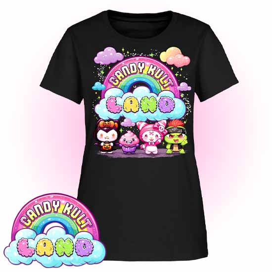 Wishbone, Frosti Boo & Panku - Candy Kult Land Women's FITTED T-Shirt - Candy Kult - Candy Cult - Candy Kult Land - Wishbone - Boo Kitty - Panku - Frosti - Toxic Kitten - Hex-Heart - Cult Candy - Cake High Heels - [product_vendor}