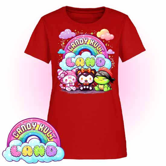 Candy Kult Land Wishbone, Boo & Panku - Women's FITTED T-Shirt - Candy Kult - Candy Cult - Candy Kult Land - Wishbone - Boo Kitty - Panku - Frosti - Toxic Kitten - Hex-Heart - Cult Candy - Cake High Heels - [product_vendor}
