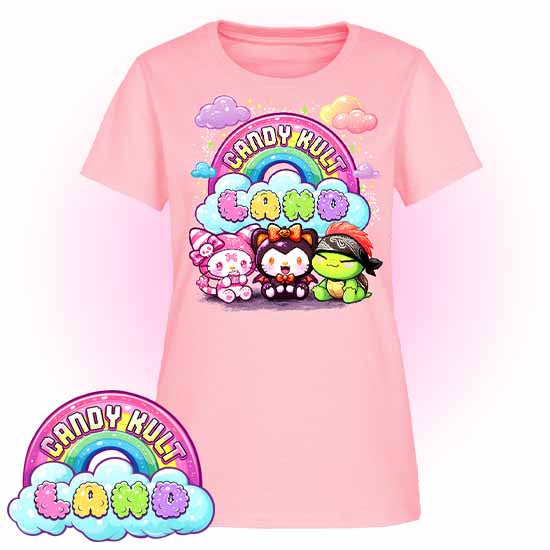 Candy Kult Land Wishbone, Boo & Panku - Women's FITTED T-Shirt - Candy Kult - Candy Cult - Candy Kult Land - Wishbone - Boo Kitty - Panku - Frosti - Toxic Kitten - Hex-Heart - Cult Candy - Cake High Heels - [product_vendor}