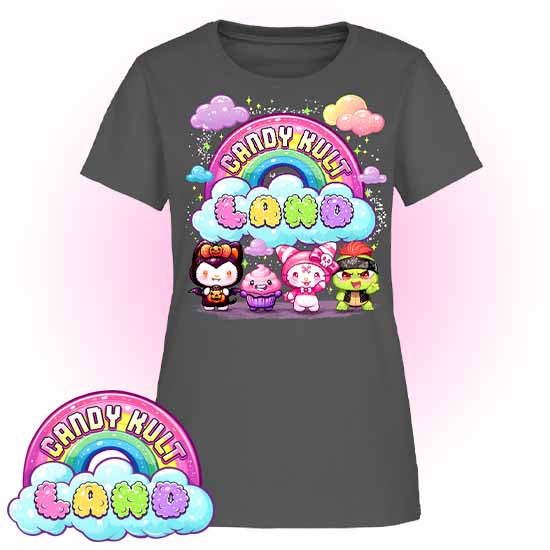 Wishbone, Frosti Boo & Panku - Candy Kult Land Women's FITTED T-Shirt - Candy Kult - Candy Cult - Candy Kult Land - Wishbone - Boo Kitty - Panku - Frosti - Toxic Kitten - Hex-Heart - Cult Candy - Cake High Heels - [product_vendor}