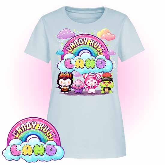 Wishbone, Frosti Boo & Panku - Candy Kult Land Women's FITTED T-Shirt - Candy Kult - Candy Cult - Candy Kult Land - Wishbone - Boo Kitty - Panku - Frosti - Toxic Kitten - Hex-Heart - Cult Candy - Cake High Heels - [product_vendor}