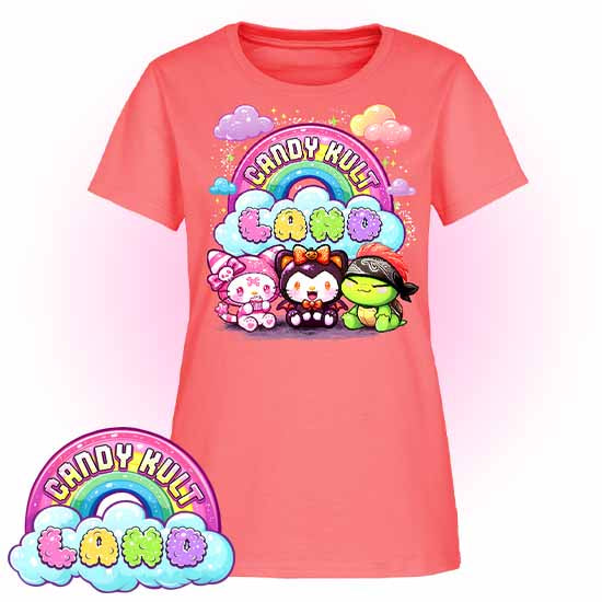 Candy Kult Land Wishbone, Boo & Panku - Women's FITTED T-Shirt - Candy Kult - Candy Cult - Candy Kult Land - Wishbone - Boo Kitty - Panku - Frosti - Toxic Kitten - Hex-Heart - Cult Candy - Cake High Heels - [product_vendor}