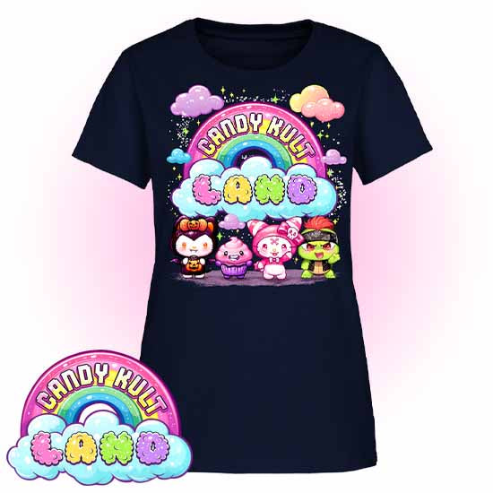 Wishbone, Frosti Boo & Panku - Candy Kult Land Women's FITTED T-Shirt - Candy Kult - Candy Cult - Candy Kult Land - Wishbone - Boo Kitty - Panku - Frosti - Toxic Kitten - Hex-Heart - Cult Candy - Cake High Heels - [product_vendor}
