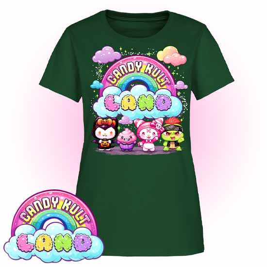 Wishbone, Frosti Boo & Panku - Candy Kult Land Women's FITTED T-Shirt - Candy Kult - Candy Cult - Candy Kult Land - Wishbone - Boo Kitty - Panku - Frosti - Toxic Kitten - Hex-Heart - Cult Candy - Cake High Heels - [product_vendor}