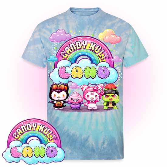 Wishbone, Frosti Boo & Panku - Candy Kult Land Unisex Tie Dye T-Shirt - Candy Kult - Candy Cult - Candy Kult Land - Wishbone - Boo Kitty - Panku - Frosti - Toxic Kitten - Hex-Heart - Cult Candy - Cake High Heels - [product_vendor}