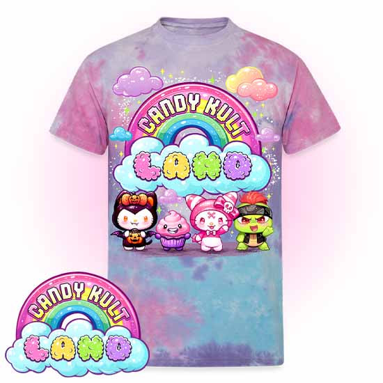 Wishbone, Frosti Boo & Panku - Candy Kult Land Unisex Tie Dye T-Shirt - Candy Kult - Candy Cult - Candy Kult Land - Wishbone - Boo Kitty - Panku - Frosti - Toxic Kitten - Hex-Heart - Cult Candy - Cake High Heels - [product_vendor}