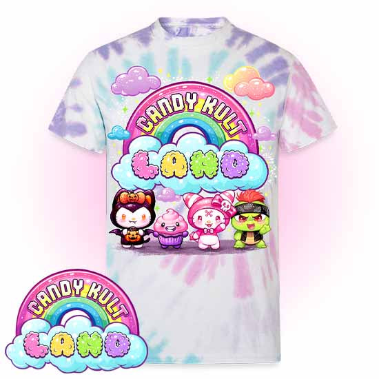 Wishbone, Frosti Boo & Panku - Candy Kult Land Unisex Tie Dye T-Shirt - Candy Kult - Candy Cult - Candy Kult Land - Wishbone - Boo Kitty - Panku - Frosti - Toxic Kitten - Hex-Heart - Cult Candy - Cake High Heels - [product_vendor}