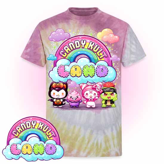 Wishbone, Frosti Boo & Panku - Candy Kult Land Unisex Tie Dye T-Shirt - Candy Kult - Candy Cult - Candy Kult Land - Wishbone - Boo Kitty - Panku - Frosti - Toxic Kitten - Hex-Heart - Cult Candy - Cake High Heels - [product_vendor}