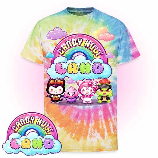 Wishbone, Frosti Boo & Panku - Candy Kult Land Unisex Tie Dye T-Shirt - Candy Kult - Candy Cult - Candy Kult Land - Wishbone - Boo Kitty - Panku - Frosti - Toxic Kitten - Hex-Heart - Cult Candy - Cake High Heels - [product_vendor}