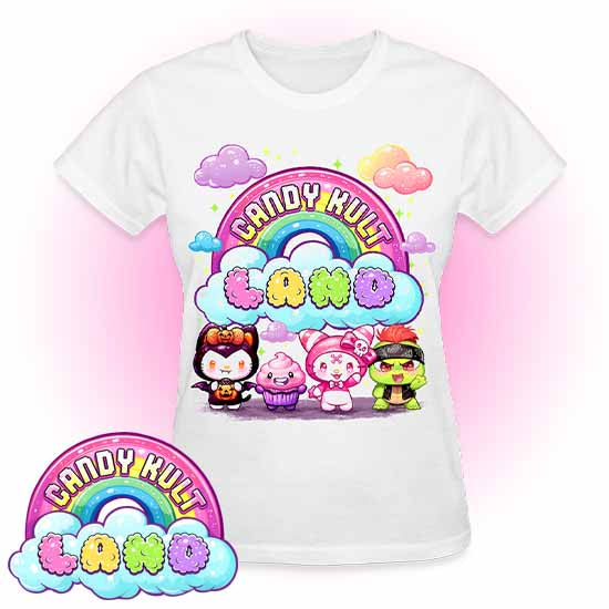 Wishbone Frosti Boo & Panku Candy ult Land Logo REGULAR FIT Ladies T-Shirt - Candy Kult - Candy Cult - Candy Kult Land - Wishbone - Boo Kitty - Panku - Frosti - Toxic Kitten - Hex-Heart - Cult Candy - Cake High Heels - [product_vendor}